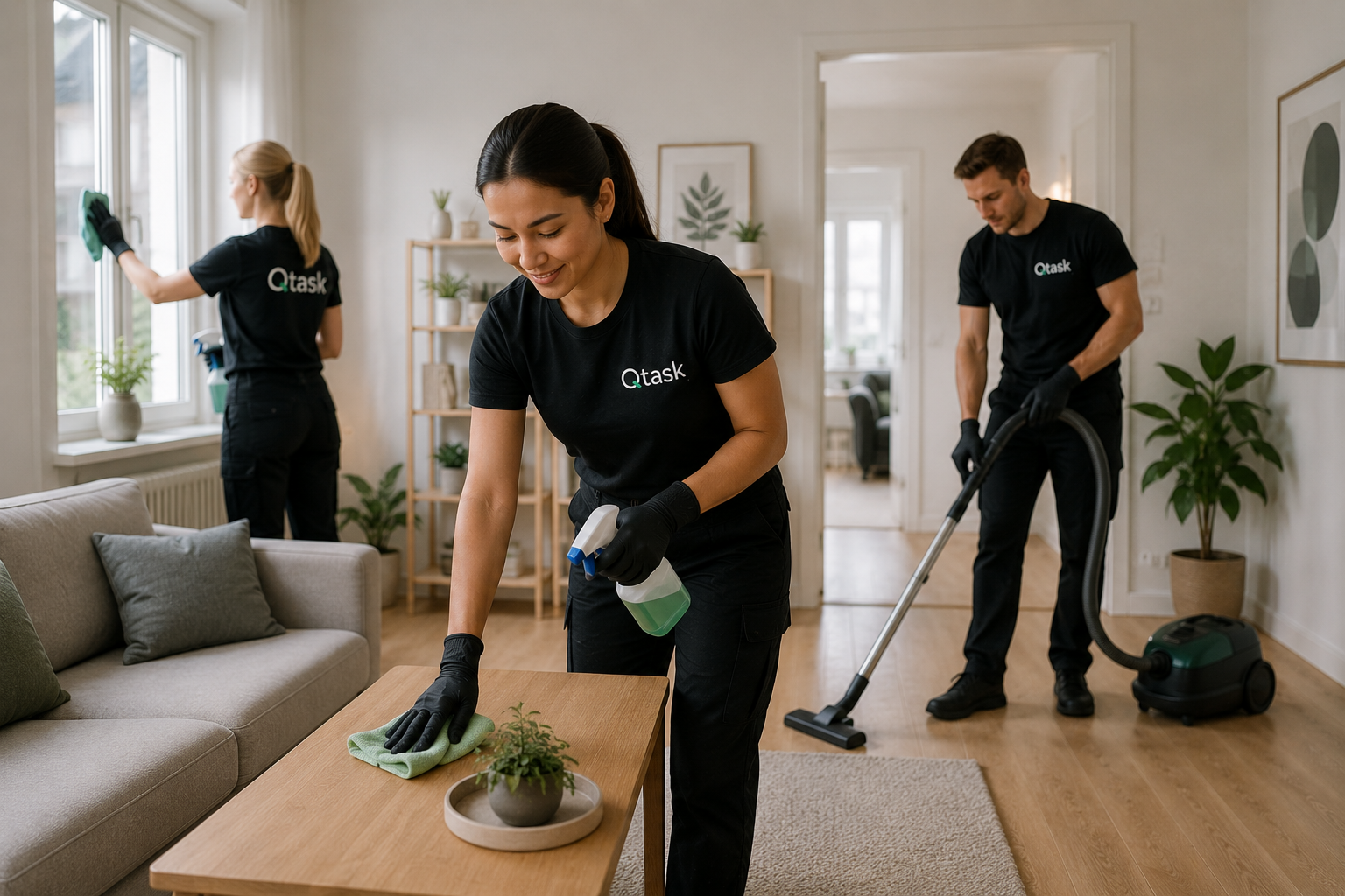 Equipo de limpieza profesional de Qtask realizando la limpieza de una vivienda en Estocolmo con productos y equipos especializados.