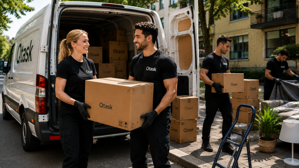 Equipo profesional de Qtask realizando una mudanza en Estocolmo con transporte seguro de muebles y pertenencias.
