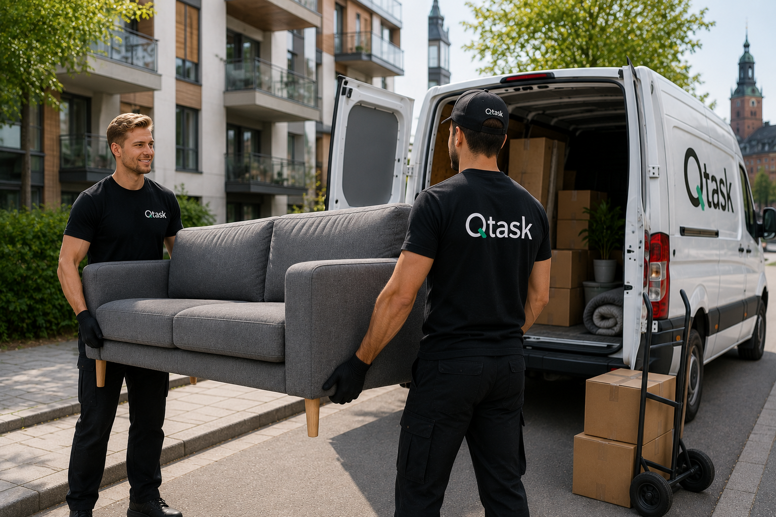Profesionales de Qtask realizando una mudanza en Estocolmo transportando un sofá y mobiliario con vehículo de empresa.