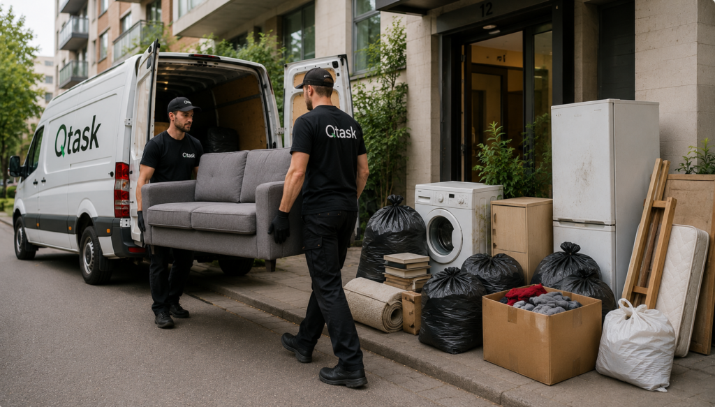 Equipo de Qtask retirando muebles y objetos voluminosos para reciclaje en Estocolmo.