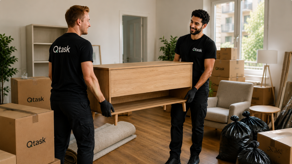 Profesionales de Qtask realizando un vaciado de piso en Estocolmo con retirada de muebles y objetos para reciclaje y gestión responsable.