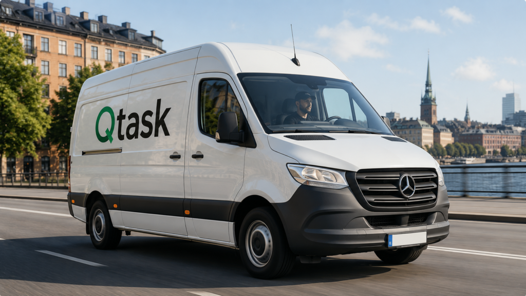 Vehículo de Qtask realizando un servicio de transporte local en Estocolmo para particulares y empresas.