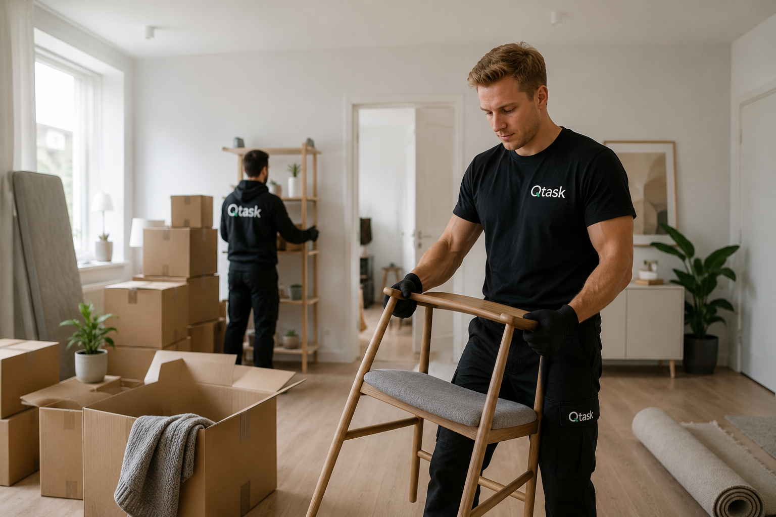 Profesionales de Qtask realizando un vaciado de piso en Estocolmo retirando muebles, cajas y pertenencias de una vivienda.